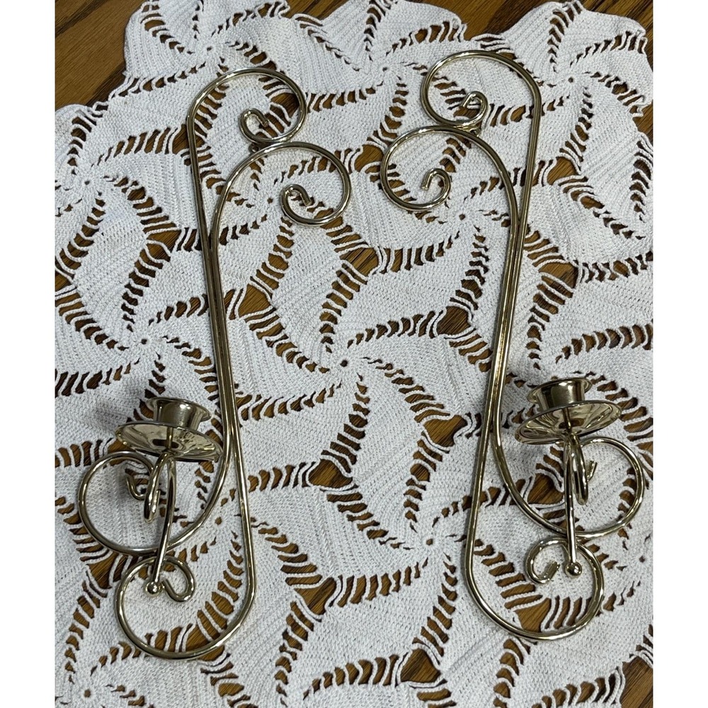 Vintage Wall Sconces Pair Scroll Design Gold Taper Candle Holders 15in